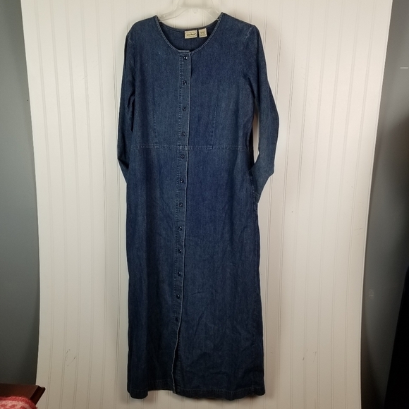 LL Bean Womens Maxi Dress Size 12 Denim Long Sleeve Button Front Modest Western - Picture 7 of 14